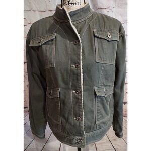 Ethyl Sherpa Lined Jean Jacket Womens Large Green Button Up Pockets Collared